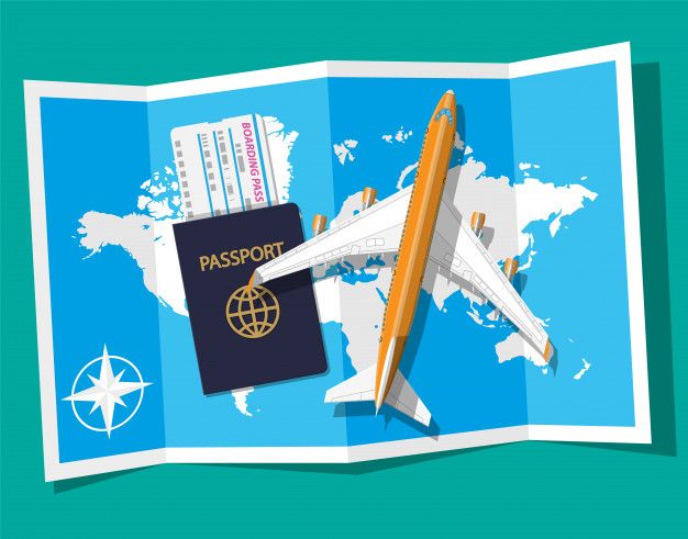 Avión de pasajeros, tarjeta de embarque y pasaporte, mapa _ Vector Premium